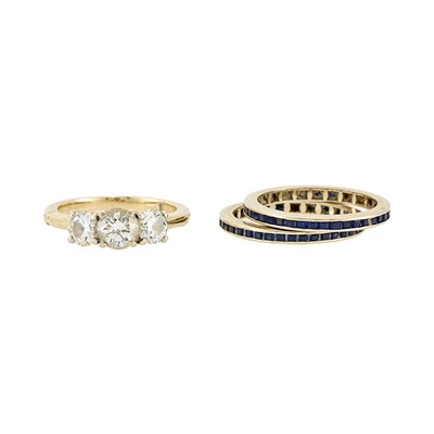 Lot 2334 - White Gold and Diamond Ring and Pair of Sapphire Band Rings