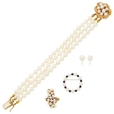 Lot 2417 - Group of Yellow and White Gold, Cultured Pearl, Sapphire and Diamond Jewelry