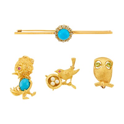 Lot 2195 - Four Gold, Turquoise, Diamond and Gem-Set Pins