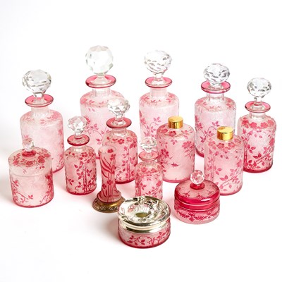 Lot 355 - Group of Etched Ruby Glass Dresser Bottles