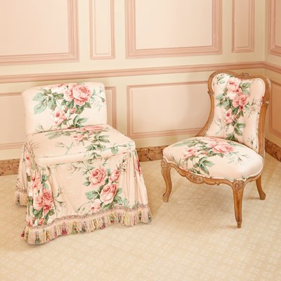 Lot 388 - Louis XV Style Floral Chintz Upholstered Carved Wood Slipper Chair