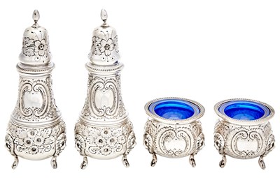 Lot 44 - Set of Georgian Style Hand-Chased Sterling Silver Open Salt Cellars and Pepper Casters