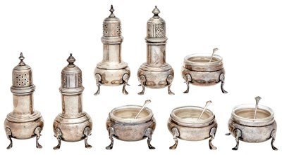 Lot 97 - Assembled Set of Georgian Style Sterling Silver Open Salt Cellars and Pepper Casters