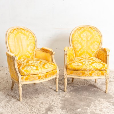 Lot 338 - Pair of Louis XVI Style Painted Wood and Silk Damask Upholstered Bergères