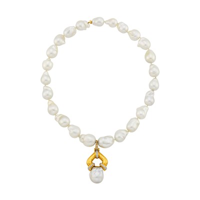 Lot 1017 - Baroque South Sea Cultured Pearl Necklace with Andrew Clunn Hammered Gold, Baroque South Sea Cultured Pearl and Diamond Pendant