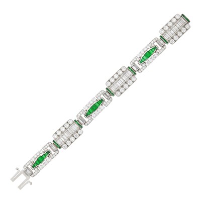 Lot 156 - Platinum, Diamond and Emerald Bracelet