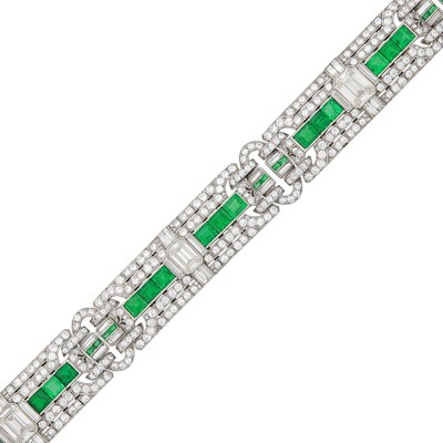 Lot 159 - Platinum, Diamond and Emerald Bracelet