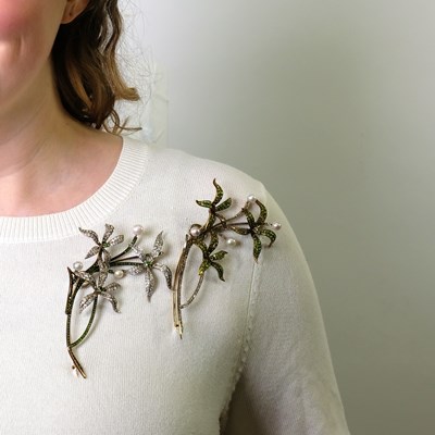 Lot 176 - Pair of Antique Platinum, Gold, Diamond, Demantoid Garnet and Pearl Floral Brooches