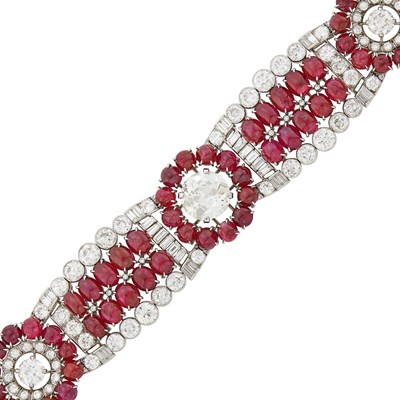 Lot 226 - Wide Platinum, Diamond and Cabochon Ruby Bracelet