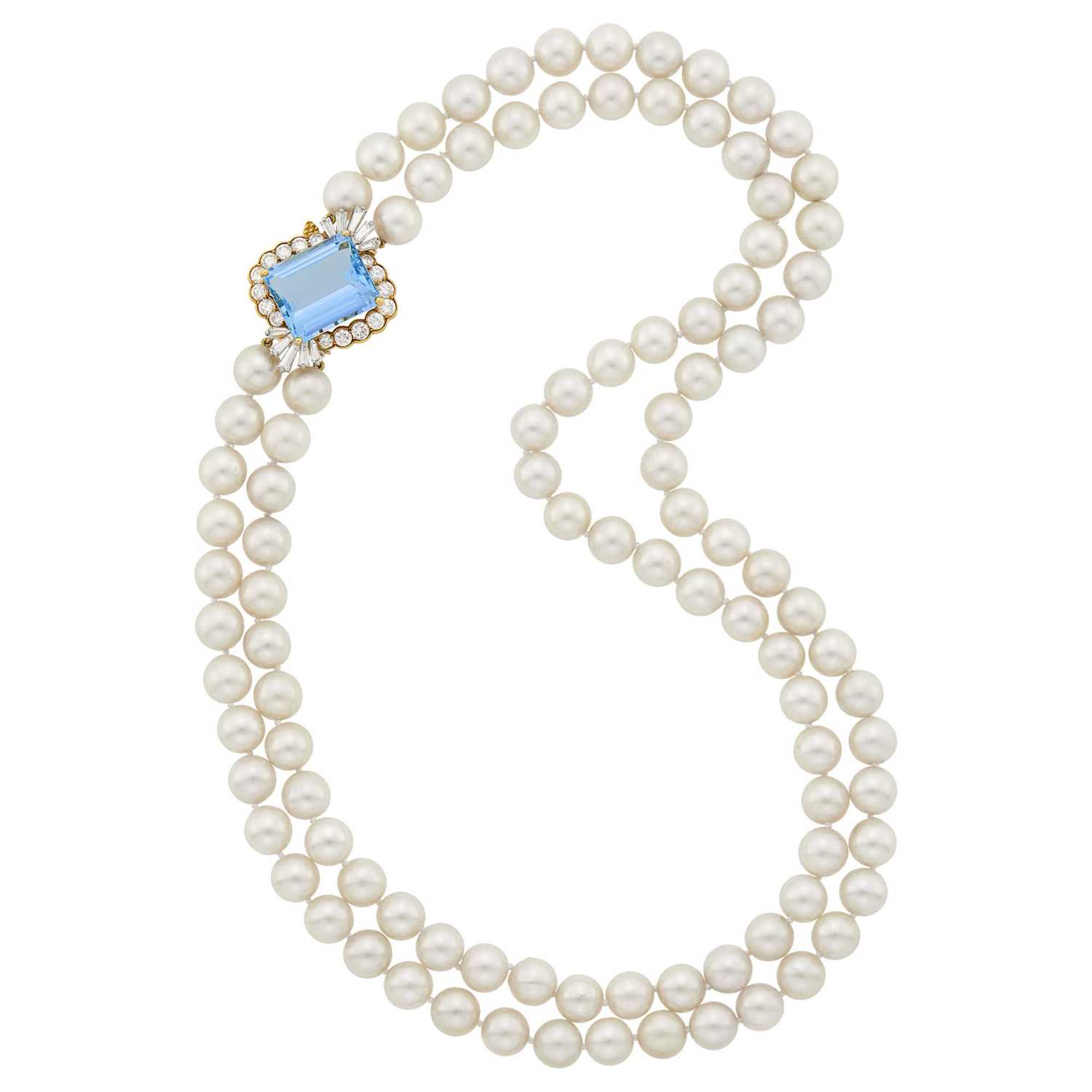 Lot 116 - Cartier Double Strand Cultured Pearl Necklace with Gold, Platinum, Aquamarine and Diamond Clasp