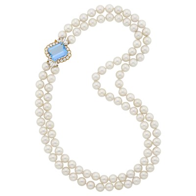 Lot 116 - Cartier Double Strand Cultured Pearl Necklace with Gold, Platinum, Aquamarine and Diamond Clasp