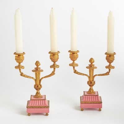 Lot 332 - Pair of Louis XVI Style Gilt Bronze and Pink Marble Candelabra