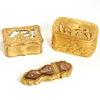 Lot 277 - Continental Gilt Metal Mounted Hardstone Etui and Two Gilt Metal Snuff Boxes