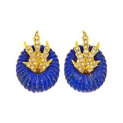 Lot 184 - Pair of Gold, Fluted Lapis and Diamond Earclips