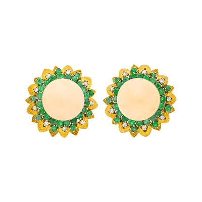 Lot 1108 - Pair of Gold, Angel Skin Coral, Emerald and Diamond Earclips