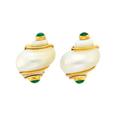 Lot 13 - Seaman Schepps Pair of Gold, Shell and Cabochon Emerald 'Turbo Shell' Earclips