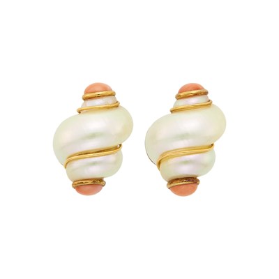 Lot 1016 - Maz Pair of Gold, Shell and Angel Skin Coral Earclips