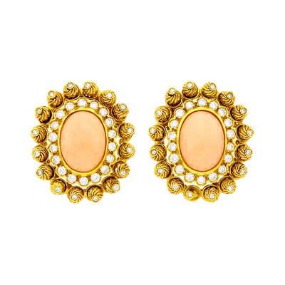 Lot 16 - Pair of Gold, Angel Skin Coral and Diamond Earclips