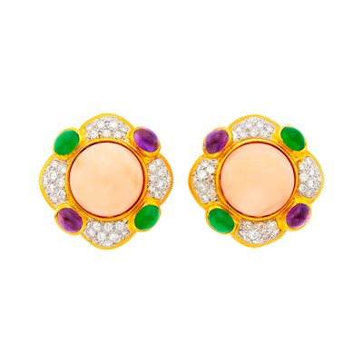 Lot 92 - Pair of Two-Color Gold, Angel Skin Coral, Cabochon Colored Stone and Diamond Earclips