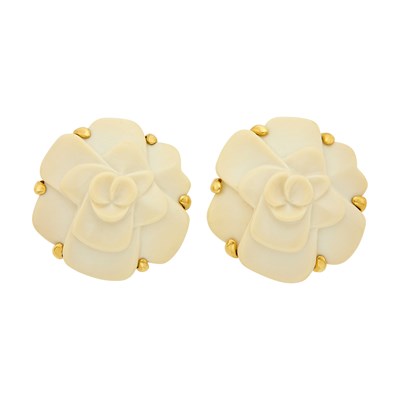 Lot 1090 - Chanel Pair of Gold and Carved Cream Agate 'Camellia' Flower Earclips, France