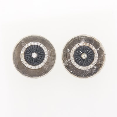 Lot 2264 - Pair of White Gold, Rock Crystal, Black Onyx and Diamond Earclips