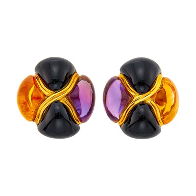 Lot 25 - Laura Munder Pair of Gold, Black Onyx, Cabochon Amethyst and Citrine Earclips