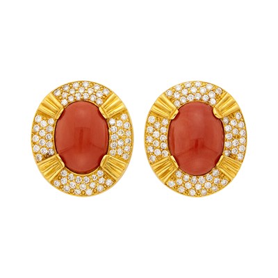 Lot 1120 - Pair of Gold, Coral and Diamond Earclips