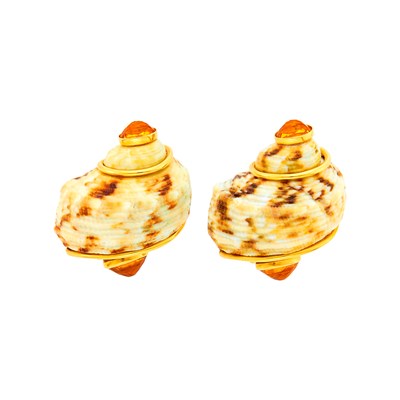 Lot 183 - Seaman Schepps Pair of Gold, Shell and Citrine 'Turbo Shell' Earclips