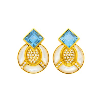 Lot 178 - Pair of Gold, Mother-of-Pearl, Blue Topaz and Diamond Earrings