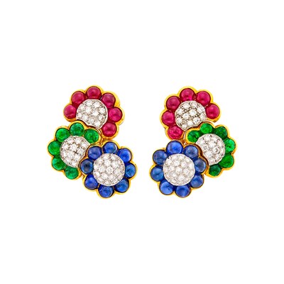 Lot 87 - Pair of Two-Color Gold, Diamond and Cabochon Gem-Set Flower Earclips