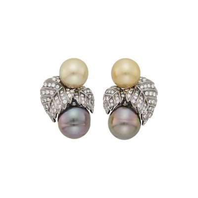 Lot 1075 - Pair of Blackened Gold, Golden and Tahitian Gray Cultured Pearl and Diamond Earclips