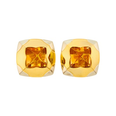 Lot 109 - Bulgari Pair of Two-Color Gold and Citrine 'Pyaramid' Earrings