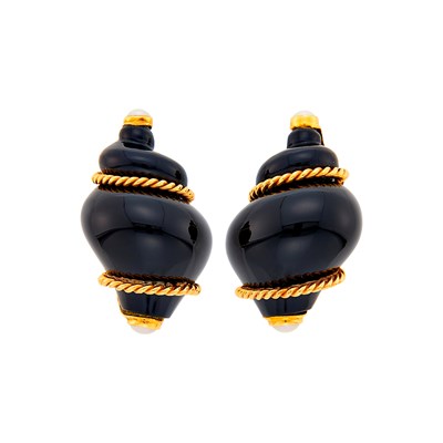 Lot 3 - Seaman Schepps Pair of Gold, Black Onyx and Split Pearl 'Turbo Shell' Earclips