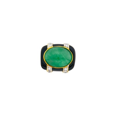 Lot 19 - Two-Color Gold, Jade, Black Onyx and Diamond Ring