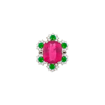 Lot 58 - White Gold, Rubellite, Cabochon Emerald and Diamond Ring