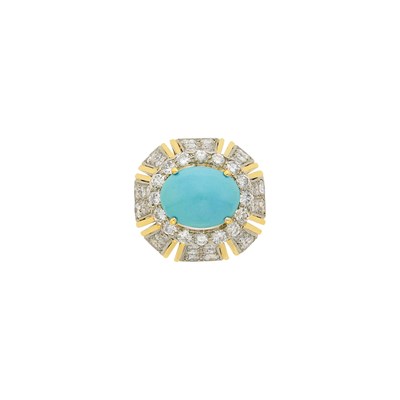 Lot 1034 - Two-Color Gold, Turquoise and Diamond Dome Ring