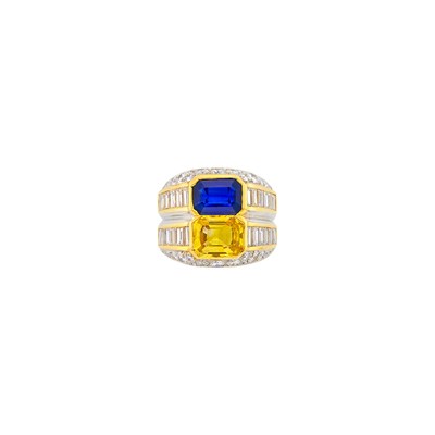 Lot 142 - Two-Color Gold, Multicolored Sapphire and Diamond Double Band Ring