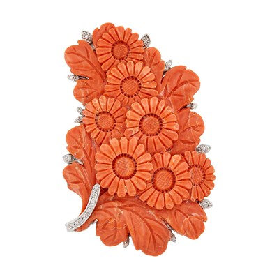 Lot 18 - White Gold, Carved Coral and Diamond Floral Brooch