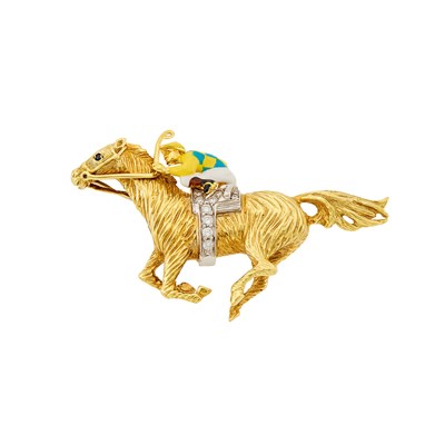 Lot 2319 - Two-Color Gold, Multicolored Enamel and Diamond Racing Horse and Jockey Brooch