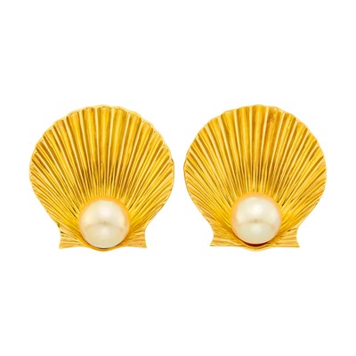 Lot 35 - George Schuler for Tiffany & Co. Pair of Gold and Golden South Sea Cultured Pearl Shell Clip-Brooches