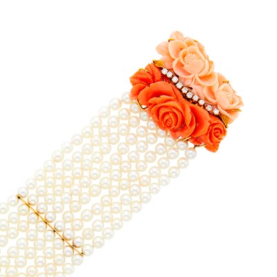 Lot 17 - Eight Strand Cultured Pearl, Gold, Carved Bicolor Coral and Diamond Bracelet