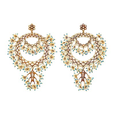 Lot 1033 - Fred Leighton Pair of Gold, Foil-Backed Diamond, Freshwater Pearl and Turquoise Glass Bead Pendant-Earrings