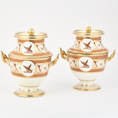 Lot 571 - Pair of Coalport Porcelain Armorial Salmon-Ground Two-Handled Fruit Coolers and Covers