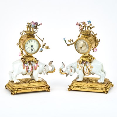 Lot 233 - Matched Pair of Gilt-Bronze Mounted Meissen Style Porcelain Models of Elephants