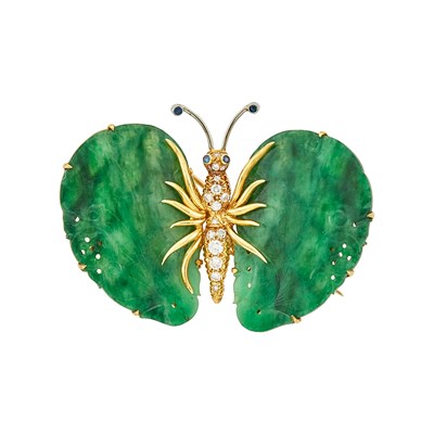 Lot 1234 - Two-Color Gold, Carved Jade, Sapphire and Diamond Butterfly Brooch