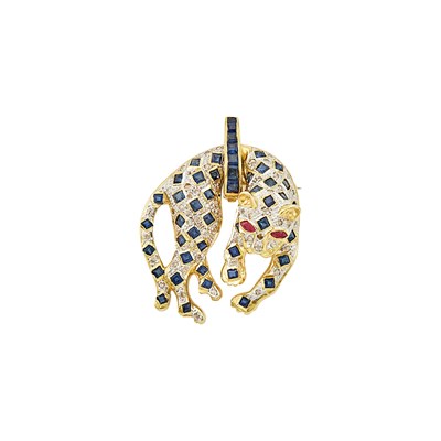 Lot 1174 - Two-Color Gold, Sapphire, Ruby and Diamond Panther Pendant-Brooch