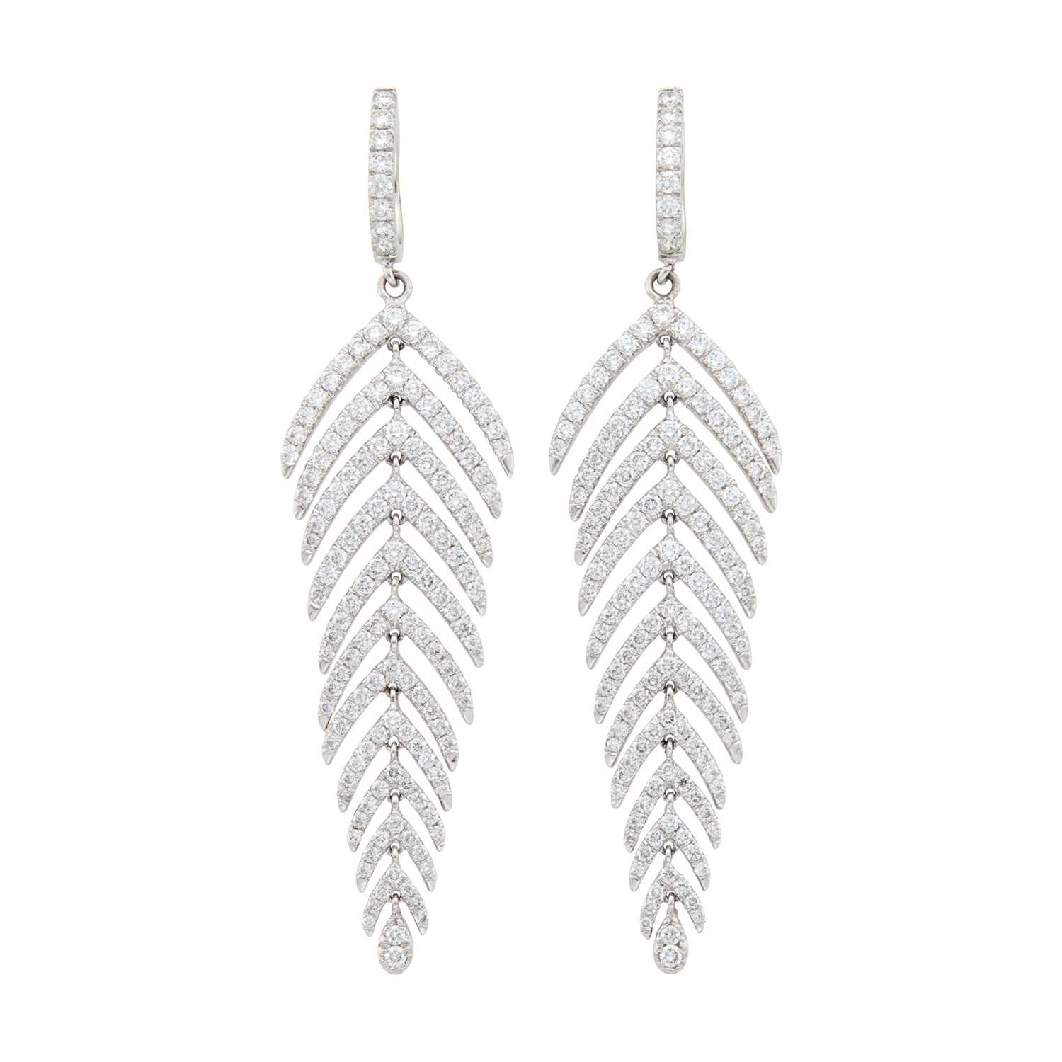 Lot 79 - Pair of White Gold and Diamond Feather Pendant-Earrings