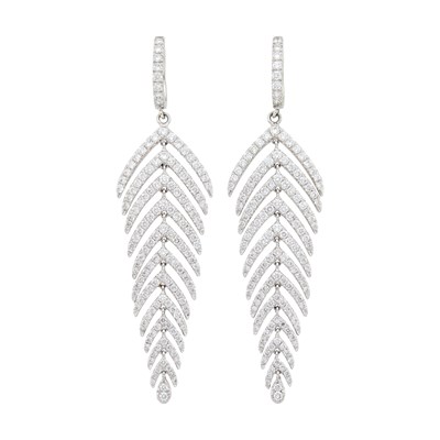 Lot 79 - Pair of White Gold and Diamond Feather Pendant-Earrings