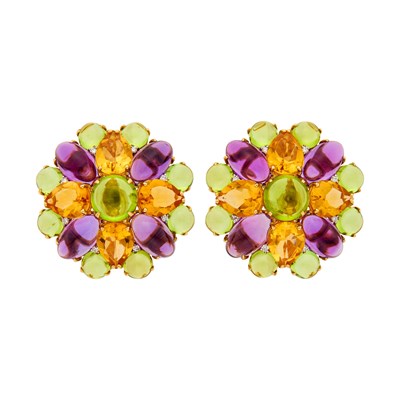 Lot 18 - Pair of Gold, Cabochon Peridot and Amethyst, Citrine and Diamond Earrings