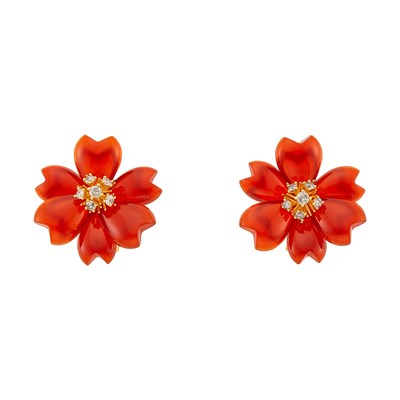 Lot 2380 - Pair of Gold, Silver, Carved Carnelian and Diamond Flower Earrings